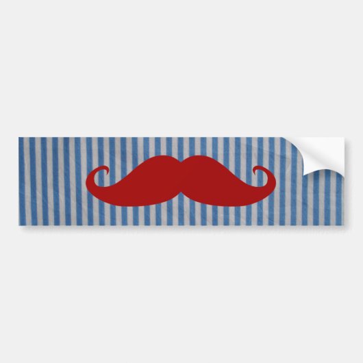 Funny Red Mustache en Blue White Stripes Bumpersticker (Voorkant)