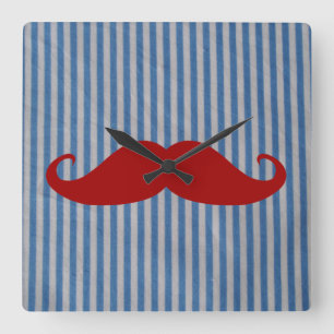 Funny Red Mustache en Blue White Stripes Vierkante Klok
