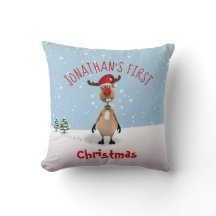Funny Reindeer Baby's Eerste Kerstmis Sierkussen