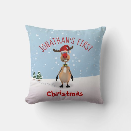 Funny Reindeer Baby's Eerste Kerstmis Sierkussen (Voorkant)