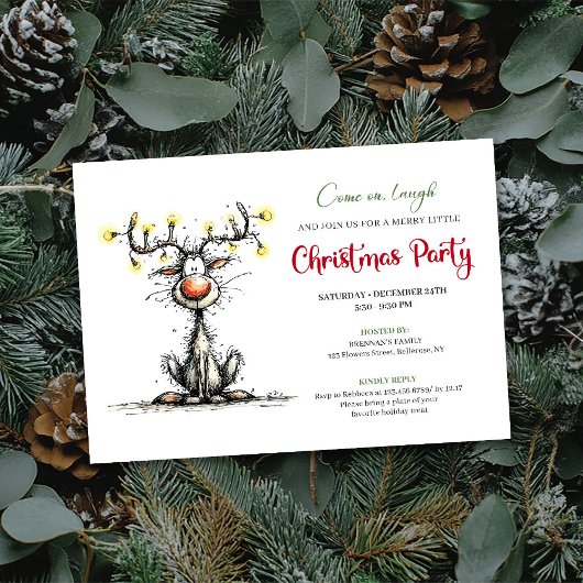 Funny Reindeer Cartoon Holiday Party Invitation Kaart
