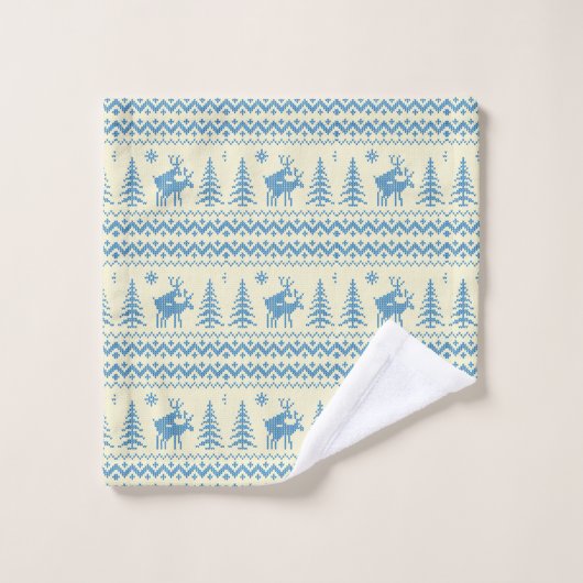 Funny Reindeer Christmas Tree Snow Blue Pattern Bad Handdoek (Wasdoekje)