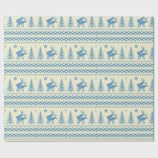 Funny Reindeer Christmas Tree Snow Blue Pattern Cadeaupapier (Vlak)