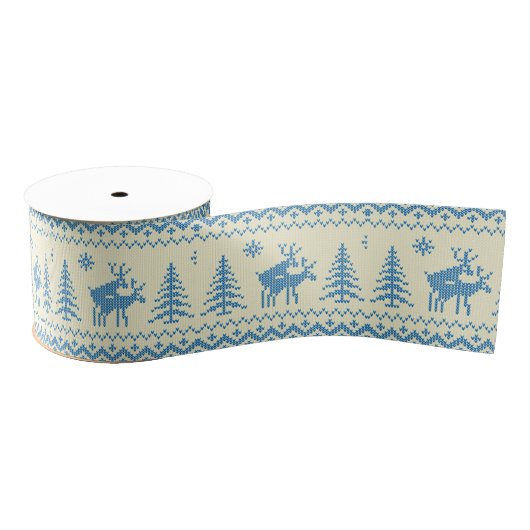 Funny Reindeer Christmas Tree Snow Blue Pattern Grosgrain Lint (Spoel)