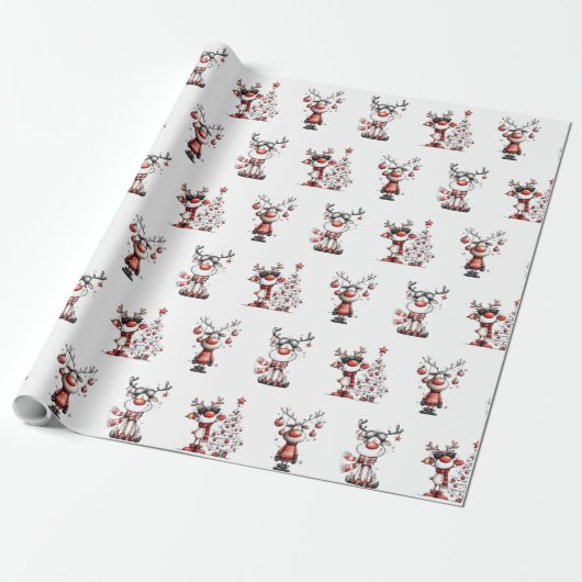 Funny Reindeer Christmas Wrapping Paper – Oh Deer! Cadeaupapier (Uitgerold)