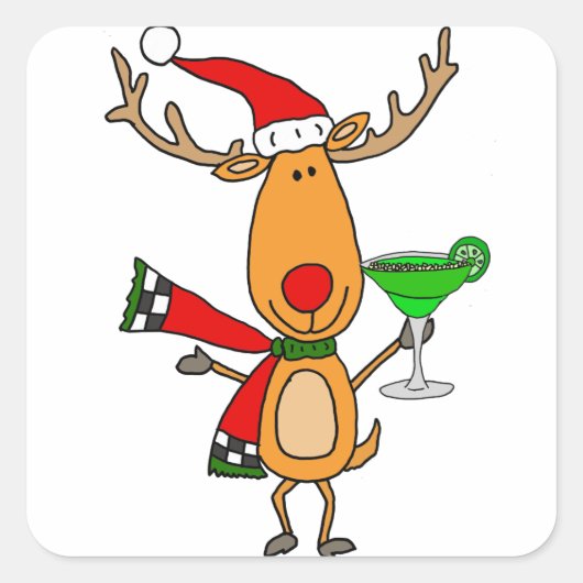 Funny Reindeer Drink Margarita kerstkunst Vierkante Sticker (Voorkant)