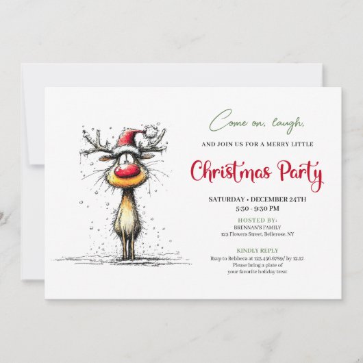 Funny Reindeer Hand Drawn Holiday Party Card Kaart (Voorkant)