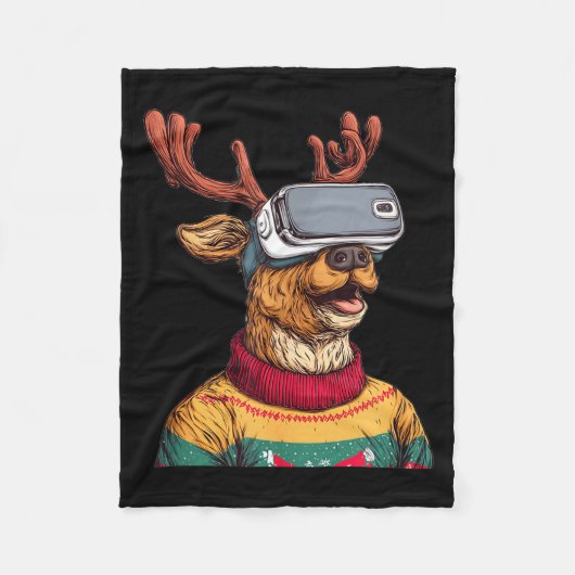 Funny Reindeer In Christmas Sweater And Vr Headset Fleece Deken (Voorkant)