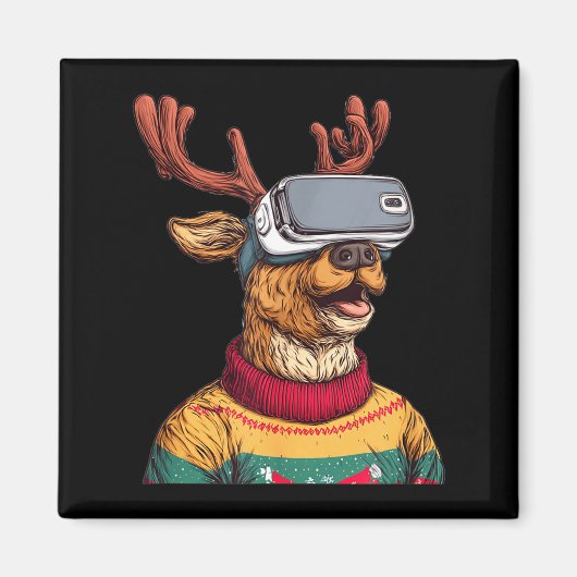 Funny Reindeer In Christmas Sweater And Vr Headset Magneet (Voorkant)