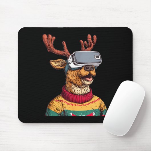 Funny Reindeer In Christmas Sweater And Vr Headset Muismat (Met muis)