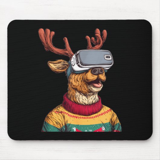 Funny Reindeer In Christmas Sweater And Vr Headset Muismat (Voorkant)