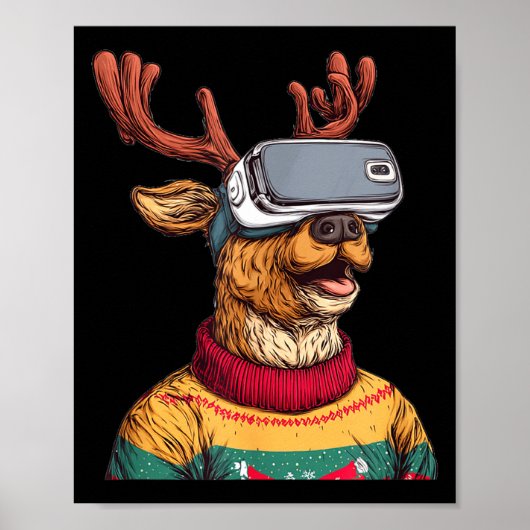 Funny Reindeer In Christmas Sweater And Vr Headset Poster (Voorkant)