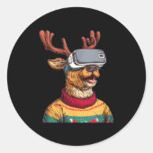 Funny Reindeer In Christmas Sweater And Vr Headset Ronde Sticker (Voorkant)