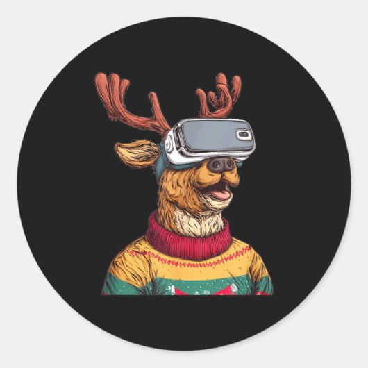 Funny Reindeer In Christmas Sweater And Vr Headset Ronde Sticker (Voorkant)