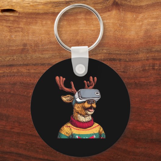 Funny Reindeer In Christmas Sweater And Vr Headset Sleutelhanger (Voorkant)