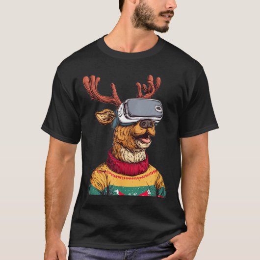 Funny Reindeer In Christmas Sweater And Vr Headset T-shirt (Voorkant)