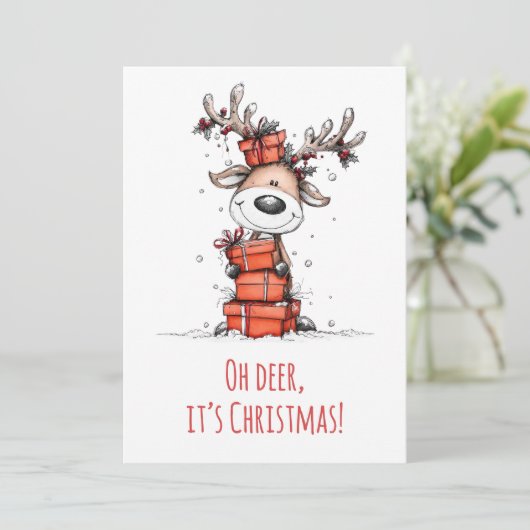 Funny Reindeer – “Oh Deer, It’s Christmas"  Feestdagenkaart (Staand voorkant)