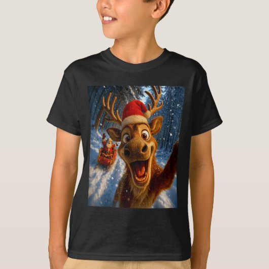 Funny Reindeer Selfie Santa Merry Christmas Men Wo T-shirt (Voorkant)
