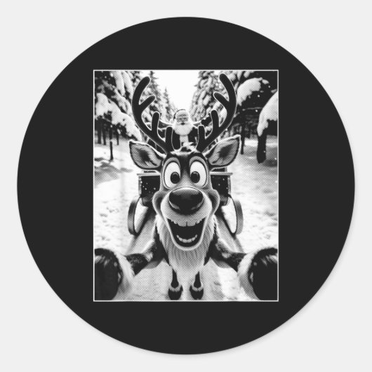 Funny Reindeer Selfie Santa Sleigh Christmas Holid Ronde Sticker (Voorkant)