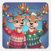 Funny Reindeer Selfie with Christmas Sweaters and Vierkante Sticker (Voorkant)