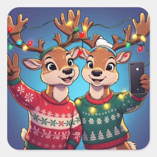Funny Reindeer Selfie with Christmas Sweaters and  Vierkante Sticker (Voorkant)