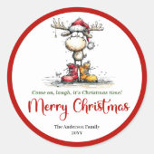 Funny reindeer sticker whimsical red green cartoon (Voorkant)