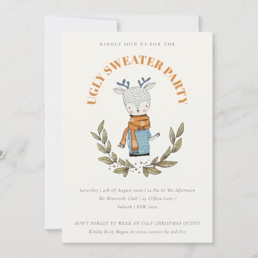 Funny Reindeer Ugly Sweater Kerstparty nodigt uit Feestdagenkaart (Voorkant)