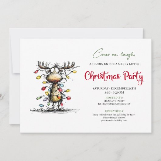 Funny Reindeer Watercolor Christmas Party Card Kaart (Voorkant)