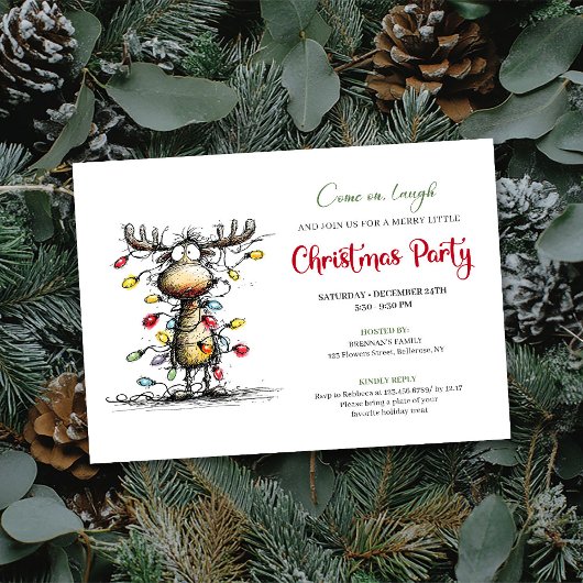 Funny Reindeer Watercolor Christmas Party Card Kaart