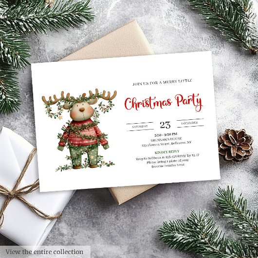 Funny Reindeer watercolor red green holiday invite Kaart
