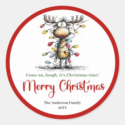 Funny reindeer whimsical holiday sticker design (Voorkant)