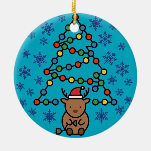 Funny Reindeer with Plug and Christmas Light Tree Keramisch Ornament (Achterkant)