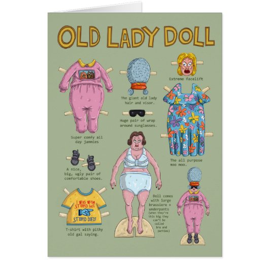 FUNNY Retirement Kaart - Old Lady Paper Doll (Voorkant)
