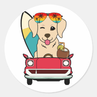 Funny Retriever Dog rijdt naar het strand Ronde Sticker