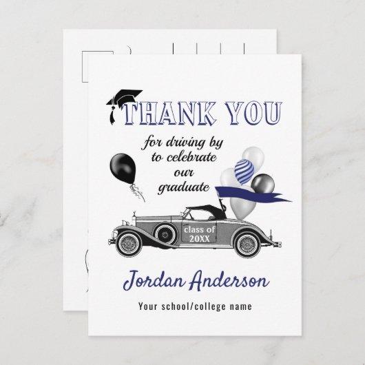 Funny Retro auto's, Afstuderen bedankt Anno Aankondigingskaart (Voorkant / Achterkant)