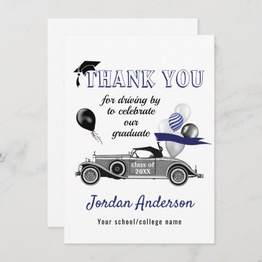 Funny Retro auto's rijden door Afstuderen parade b Bedankkaart (Voorkant / Achterkant)
