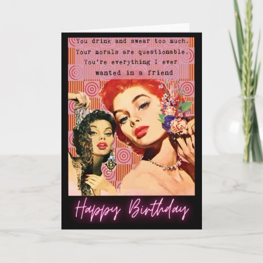 Funny Retro Birthday Card Best Friend-Sassy-Swear Kaart (Voorkant)