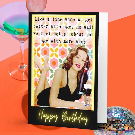 Funny Retro Birthday Card Best Friend-Sassy-Wine Kaart