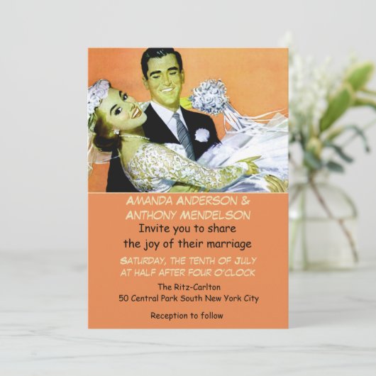 Funny retro bruid en bruom kaart (Staand voorkant)