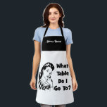 Funny Retro Bunco  Schort<br><div class="desc">Een grappige retro-vrouw overweegt: "Welke tafel ga ik aanhouden?" Stijlvolle zwarte en witte Bunco-themapron voor Bunco-spelers. Gepersonaliseerd met Bunco Queen of titel van je keuze. Fun-prijs of gastess-cadeau.</div>