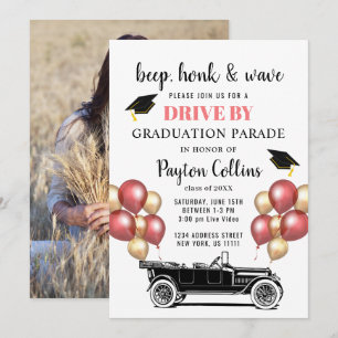 Funny Retro Car DRIVE, PHOTO Graduparty Kaart