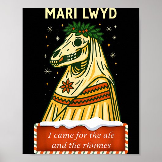 Funny Retro Folklore Skeleton Horse Mari Lwyd Yule Poster (Voorkant)