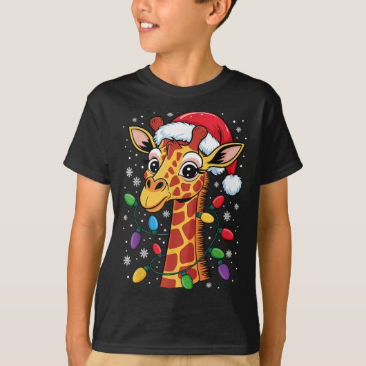 Funny Retro Giraffe Lover Santa Hat Christmas Ligh T-shirt (Voorkant)