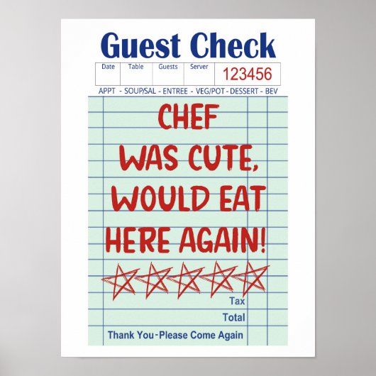 Funny Retro Guest Check Chef Was Cute Poster  (Voorkant)