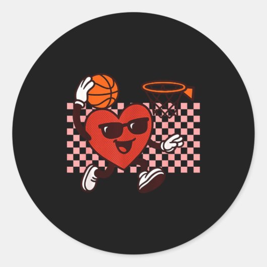 Funny Retro Heart Graphic Basketball Player Kids V Ronde Sticker (Voorkant)