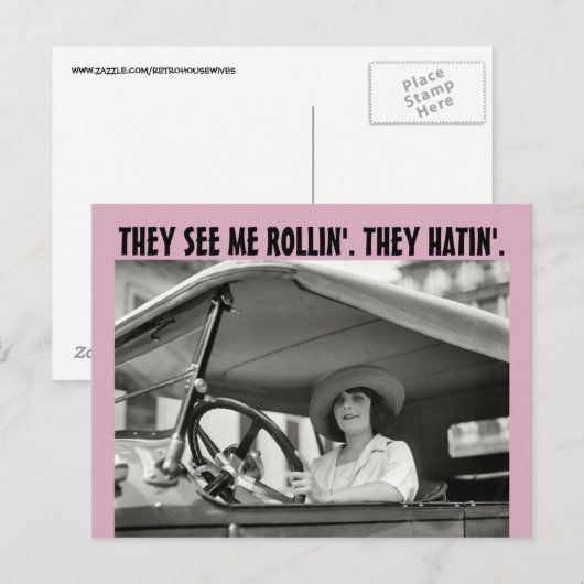 FUNNY RETRO HUUSEWIFE ZE ZIEN ME ROLLIN Briefkaart (Voorkant / Achterkant)