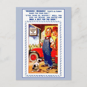 Funny retro  mechanica, garage, hond briefkaart