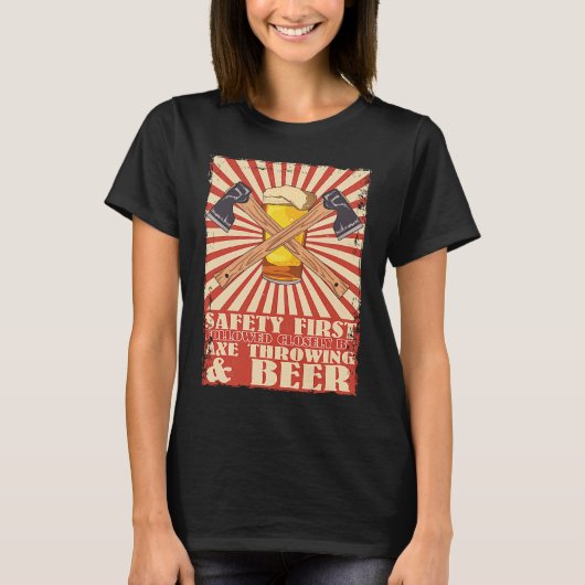 Funny Retro Safety First Axe Throwing and Beer Vik T-shirt (Voorkant)