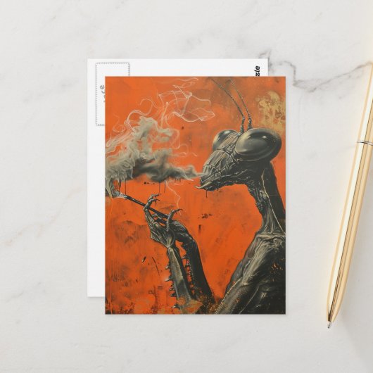 Funny Retro Smoking Mantis Surreal Briefkaart (Voorkant / Achterkant in situ)