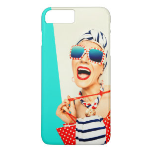 Funny Retro Woman in Red Lipstick en zonnebrillen iPhone 8/7 Plus Hoesje